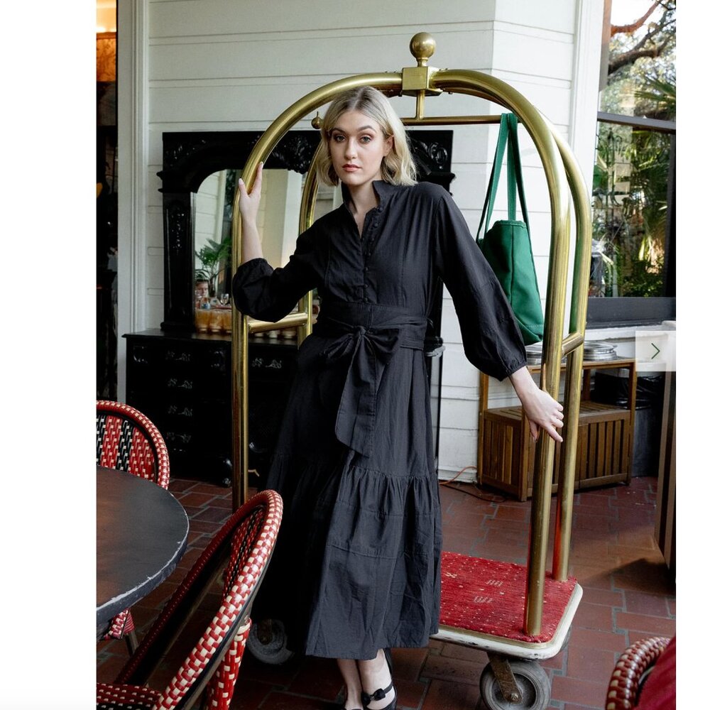 SUE SARTOR Flounce | Black Cotton Travel Dress 100% Cotton